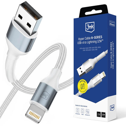 Data- en Oplaadkabel USB-A - Lightning 3MK Hyper N, 12W, 2m, Wit