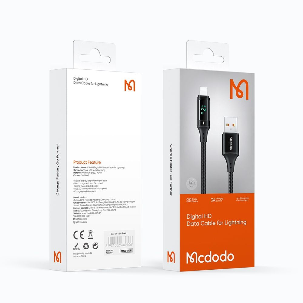 Data- en Oplaadkabel USB-A - Lightning McDodo CA-1060 Display, 12W, 1.2m, Zwart