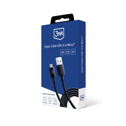 Data- en Oplaadkabel USB-A - microUSB 3MK Hyper, 18W, 1.2m, Zwart
