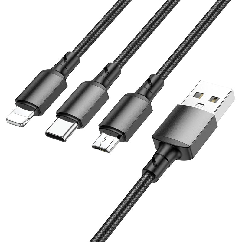 USB-A - Lightning / microUSB / USB-C Oplaadkabel Borofone BX72, 18W, 1m, Zwart
