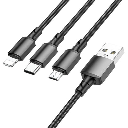 USB-A - Lightning / microUSB / USB-C Oplaadkabel Borofone BX72, 18W, 1m, Zwart