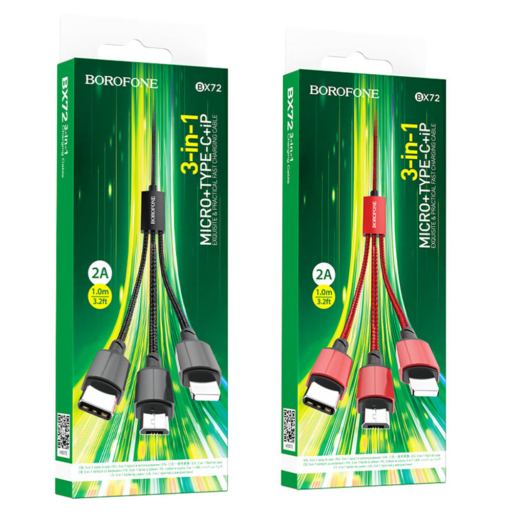 USB-A - Lightning / microUSB / USB-C Oplaadkabel Borofone BX72, 18W, 1m, Zwart