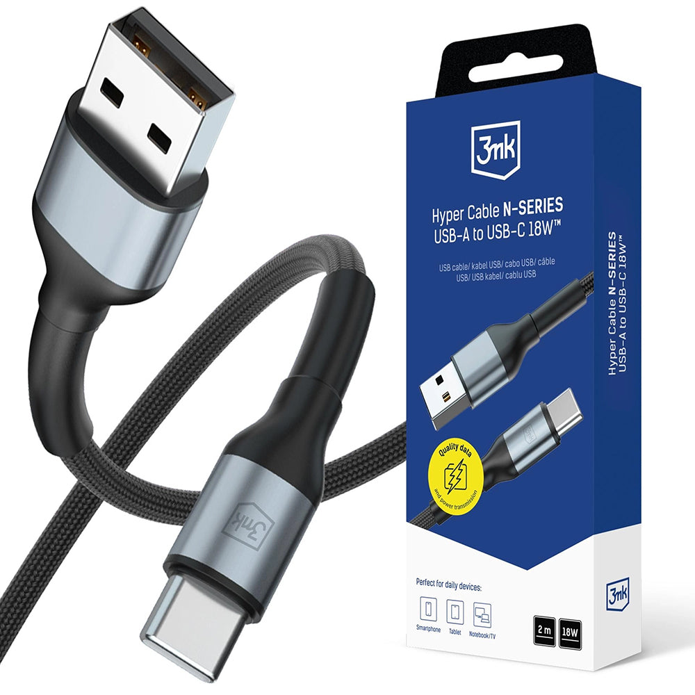 Data- en Oplaadkabel USB-A - USB-C 3MK Hyper N, 18W, 2m, Zwart