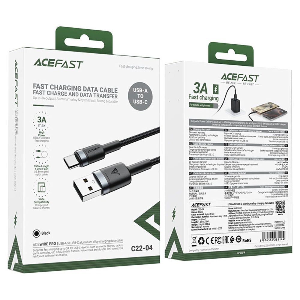 Acefast C22-04 USB-A to USB-C Data and Charging Cable, 18W, 1.2m, Black
