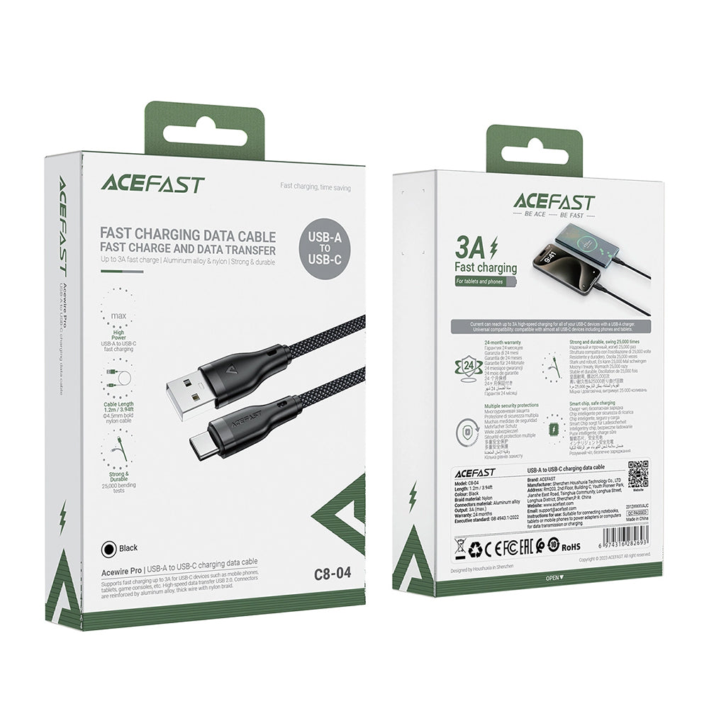 Data- en Oplaadkabel USB-A - USB-C Acefast C8-04, 18W, 1.2m, Zwart