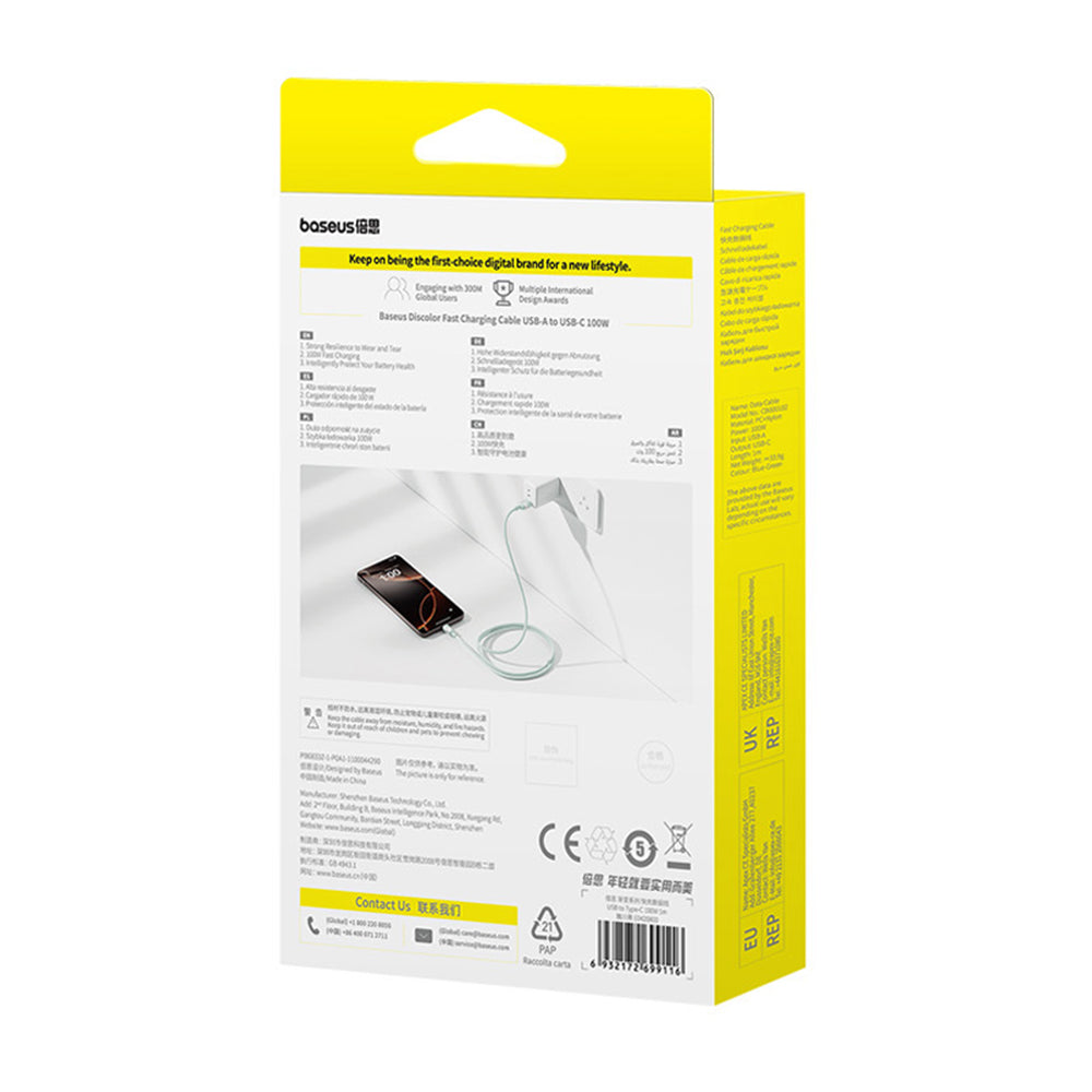 Data- en Oplaadkabel USB-A - USB-C Baseus Discolor, 100W, 1m, Blauw Groen E0420801