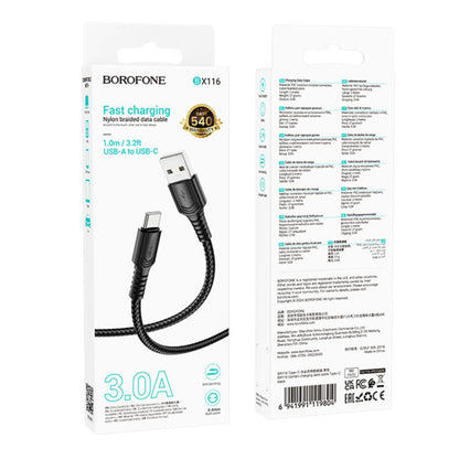 Data- en Oplaadkabel USB-A - USB-C Borofone BX116 Certain, 18W, 1m, Zwart