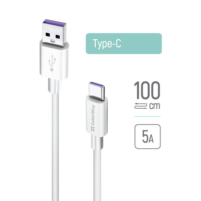 Data- en Oplaadkabel USB-A - USB-C ColorWay CW-CBUC019, 18W, 1m, Wit