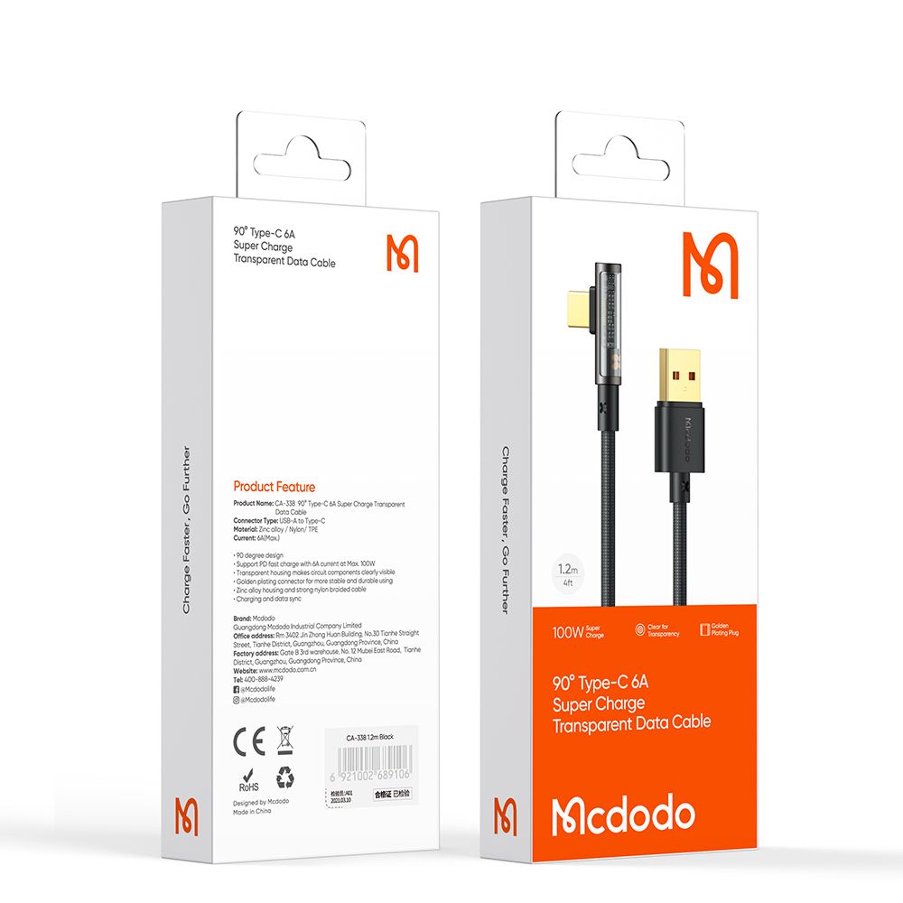 Data- en Oplaadkabel USB-A - USB-C McDodo CA-3380 Angled, 100W, 1.2m, Zwart