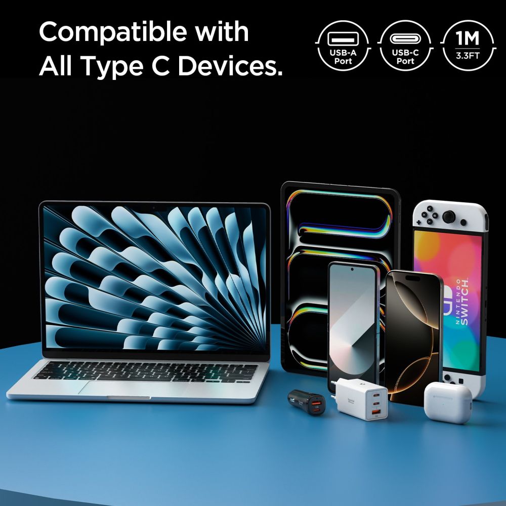 Data- en Oplaadkabel USB-A - USB-C Spigen Essential, 60W, 1m, Wit