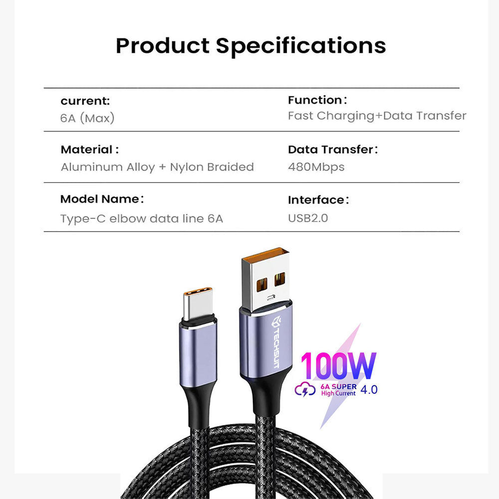 Data- en Oplaadkabel USB-A - USB-C Techsuit PCB018, 100W, 1m, Zwart