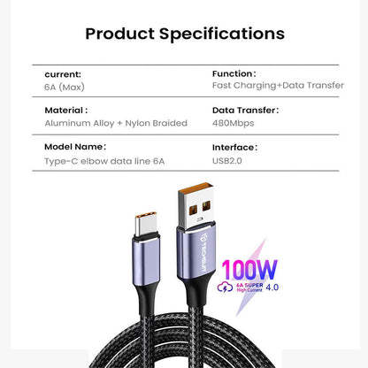 Data- en Oplaadkabel USB-A - USB-C Techsuit PCB018, 100W, 1m, Zwart