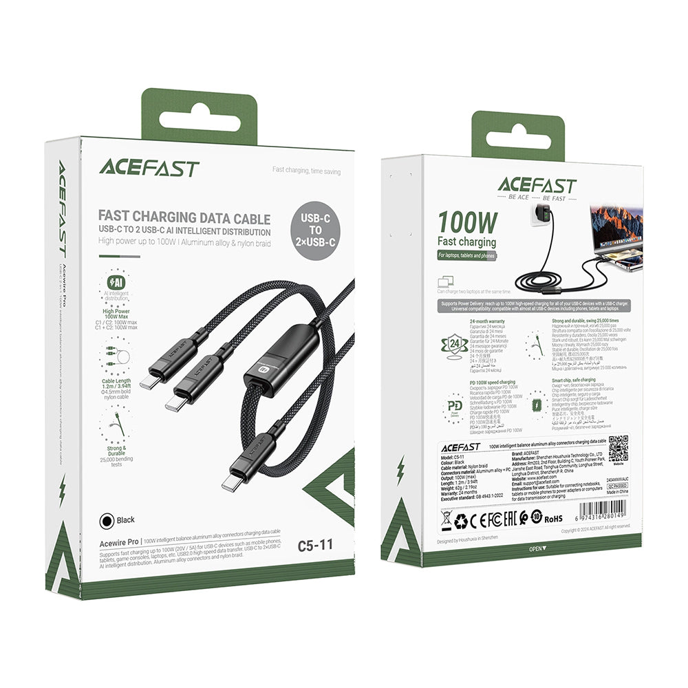 USB-C Data- en Oplaadkabel - 2 x USB-C Acefast C5-11, 100W, 1.2m, Zwart