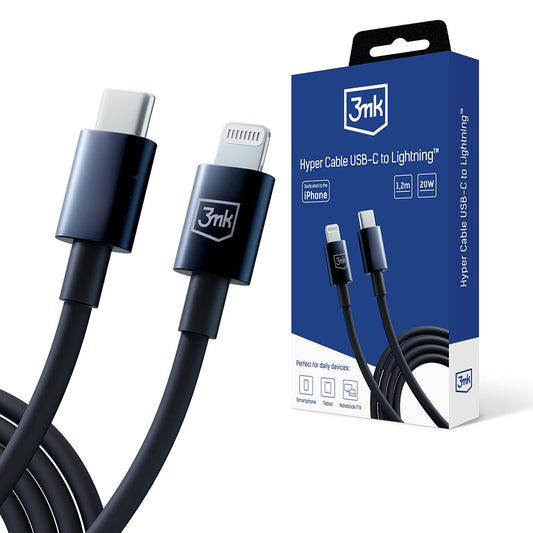 Data- en Oplaadkabel USB-C - Lightning 3MK Hyper, 20W, 1.2m, Zwart