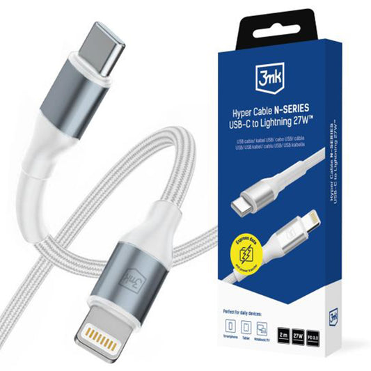 USB-C - Lightning Data- en Oplaadkabel 3MK Hyper N, 27W, 2m, Wit