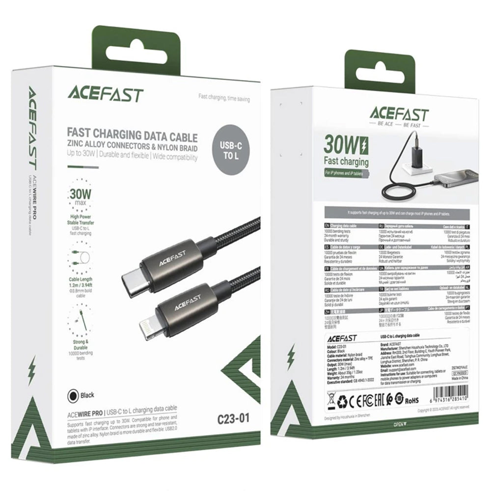 USB-C - Lightning Data- en Oplaadkabel Acefast C23-01, 30W, 1.2m, Zwart