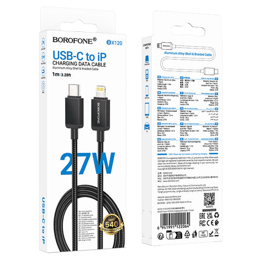 USB-C - Lightning Data- en Oplaadkabel Borofone BX120 Placer, 27W, 1m, Zwart