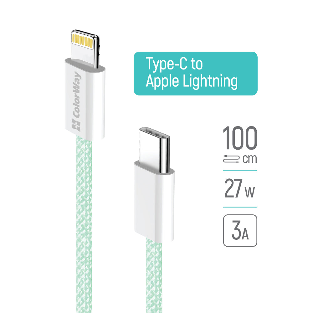 Data- en Oplaadkabel USB-C - Lightning ColorWay CW-CBPDCL061, 27W, 1m, Groen
