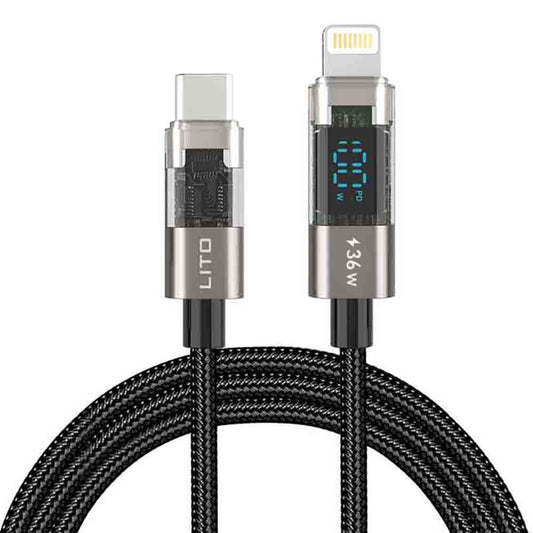 Data- en Oplaadkabel USB-C - Lightning Lito LD09CL Display, 36W, 1.2m, Zwart
