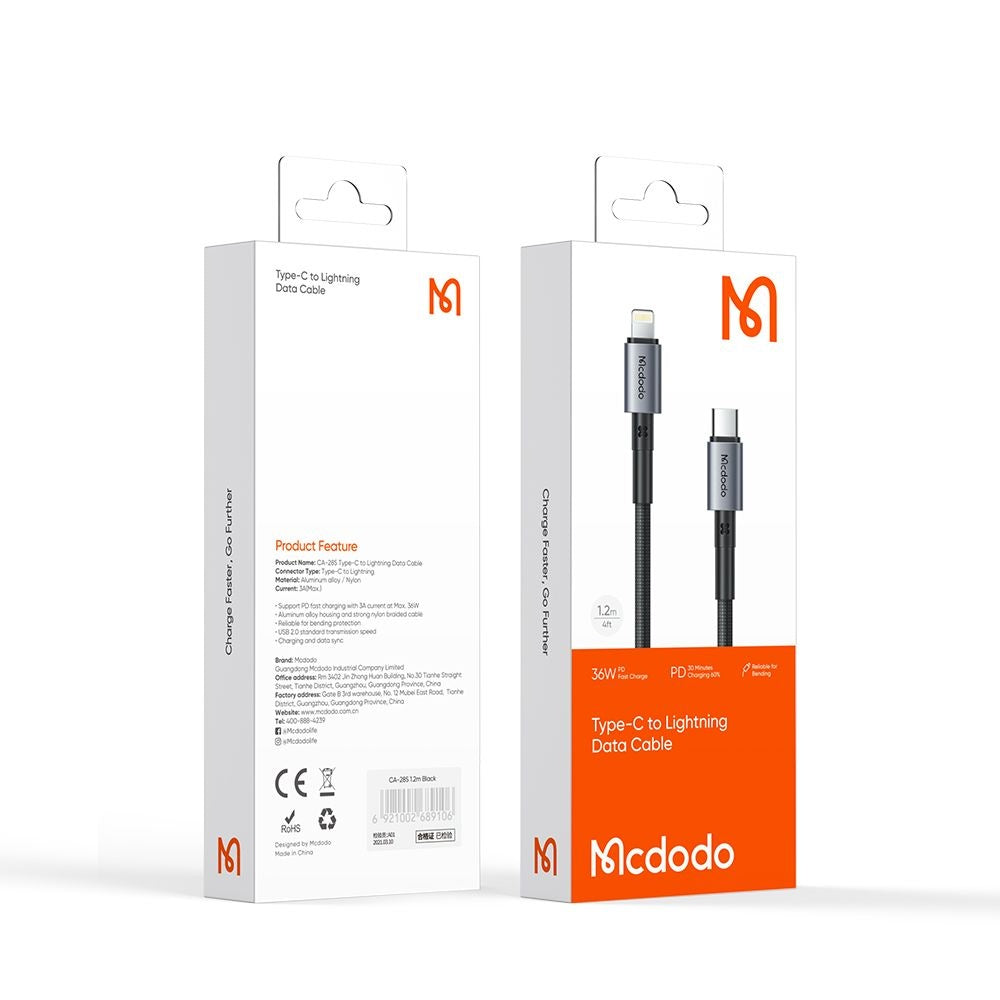 Data- en Oplaadkabel USB-C - Lightning McDodo CA-2850, 36W, 1.2m, Zwart