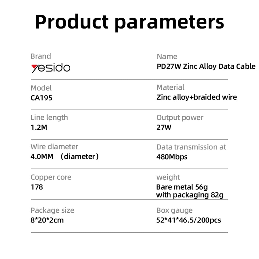 USB-C - Lightning Data- en Oplaadkabel Yesido CA195, 27W, 1.2m, Zwart