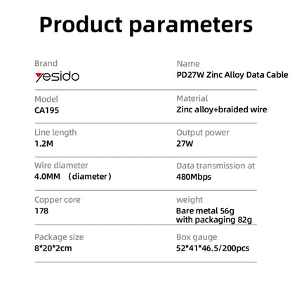 USB-C - Lightning Data- en Oplaadkabel Yesido CA195, 27W, 1.2m, Zwart