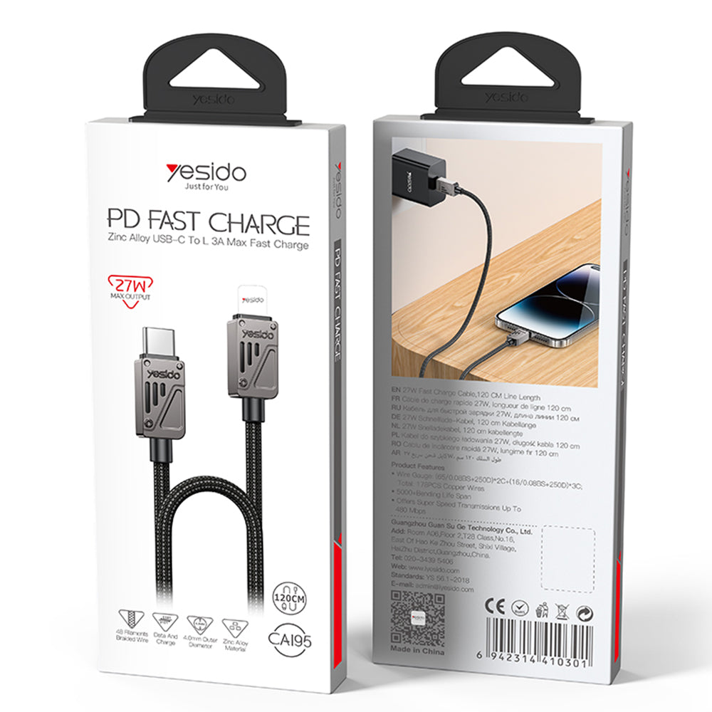 USB-C - Lightning Data- en Oplaadkabel Yesido CA195, 27W, 1.2m, Zwart