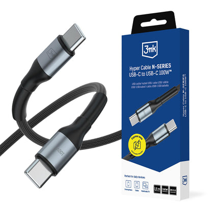USB-C Data- en Oplaadkabel - USB-C 3MK Hyper N, 100W, 1,5m, Zwart