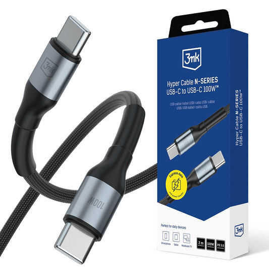 Data- en Oplaadkabel USB-C - USB-C 3MK Hyper N, 100W, 2m, Zwart