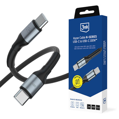 USB-C Data- en Oplaadkabel - USB-C 3MK Hyper N, 100W, 3m, Zwart