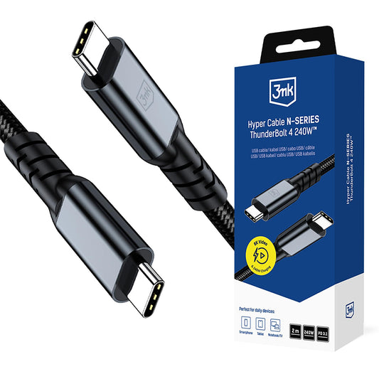 USB-C Data- en Oplaadkabel - USB-C 3MK Hyper N Thunderbolt 4, 240W, 2m, Zwart