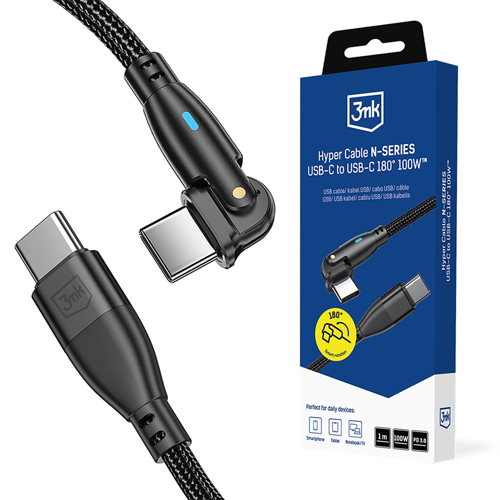 USB-C Data- en Oplaadkabel - USB-C 3MK Hyper N Hoekig, 100W, 1m, Zwart