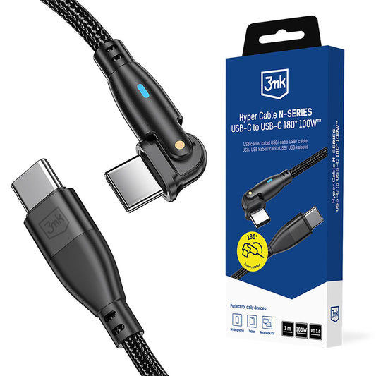 USB-C Data- en Oplaadkabel - USB-C 3MK Hyper N Hoekig, 100W, 1m, Zwart