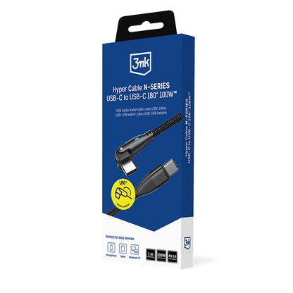 USB-C Data- en Oplaadkabel - USB-C 3MK Hyper N Hoekig, 100W, 1m, Zwart