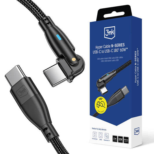 USB-C Data- en Oplaadkabel - USB-C 3MK Hyper N Angled, 60W, 2m, Zwart