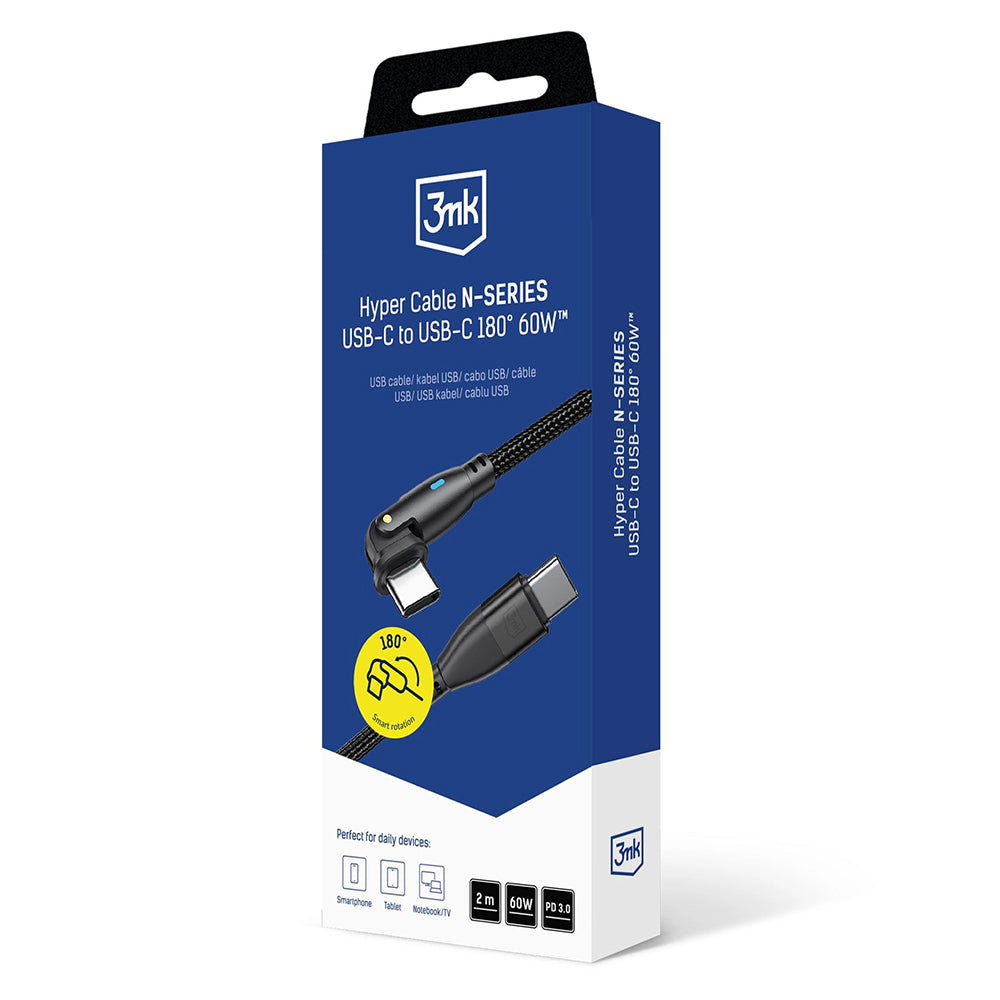 USB-C Data- en Oplaadkabel - USB-C 3MK Hyper N Angled, 60W, 2m, Zwart