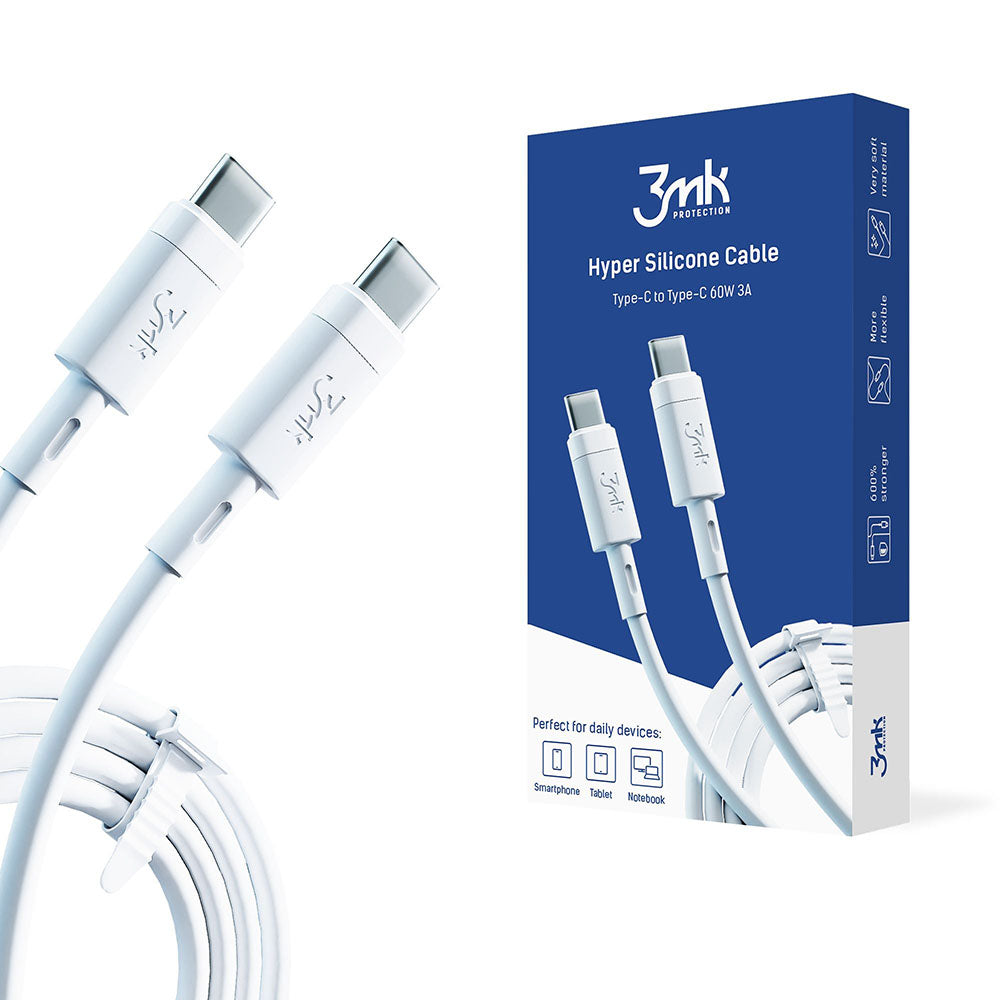 USB-C Data- en Oplaadkabel - USB-C 3MK Hyper Silicone, 60W, 1m, Wit