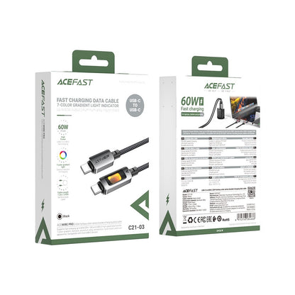 Data- en Oplaadkabel USB-C - USB-C Acefast C21-03, 60W, 1.2m, Zwart