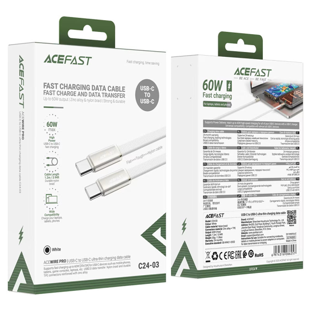 Data- en Oplaadkabel USB-C - USB-C Acefast C24-03, 60W, 1.2m, Wit