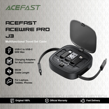 USB-C - USB-C Acefast Travel J3 Data- en Oplaadkabel, 60W, 0.95m, Zwart