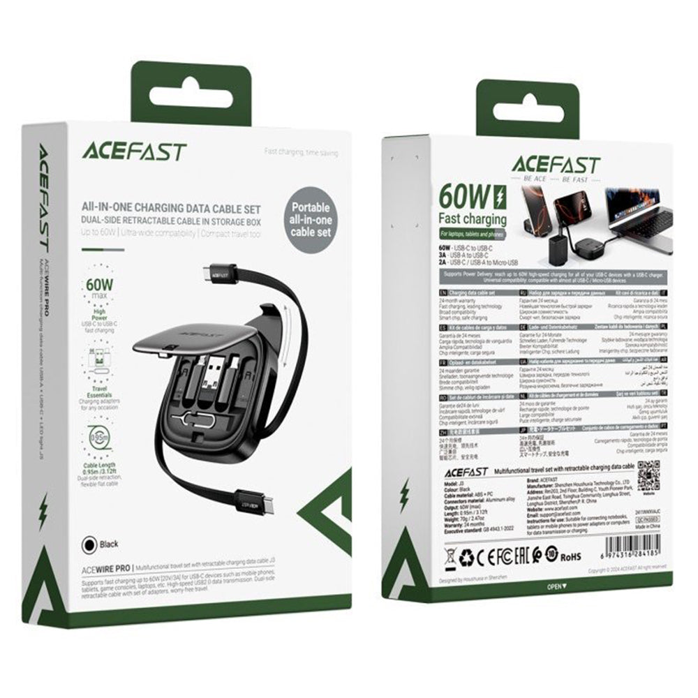 USB-C - USB-C Acefast Travel J3 Data- en Oplaadkabel, 60W, 0.95m, Zwart
