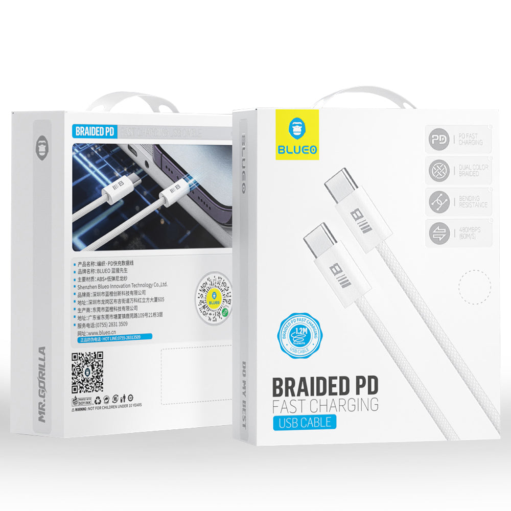 USB-C Data- en Oplaadkabel - USB-C Blueo, 100W, 2m, Wit