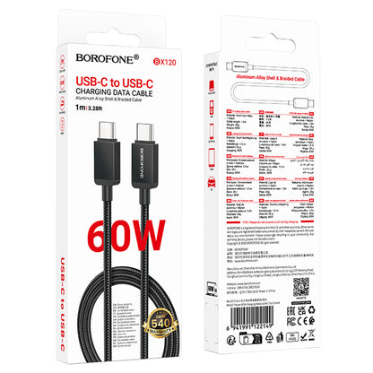 USB-C Data- en Oplaadkabel - USB-C Borofone BX120 Placer, 60W, 1m, Zwart