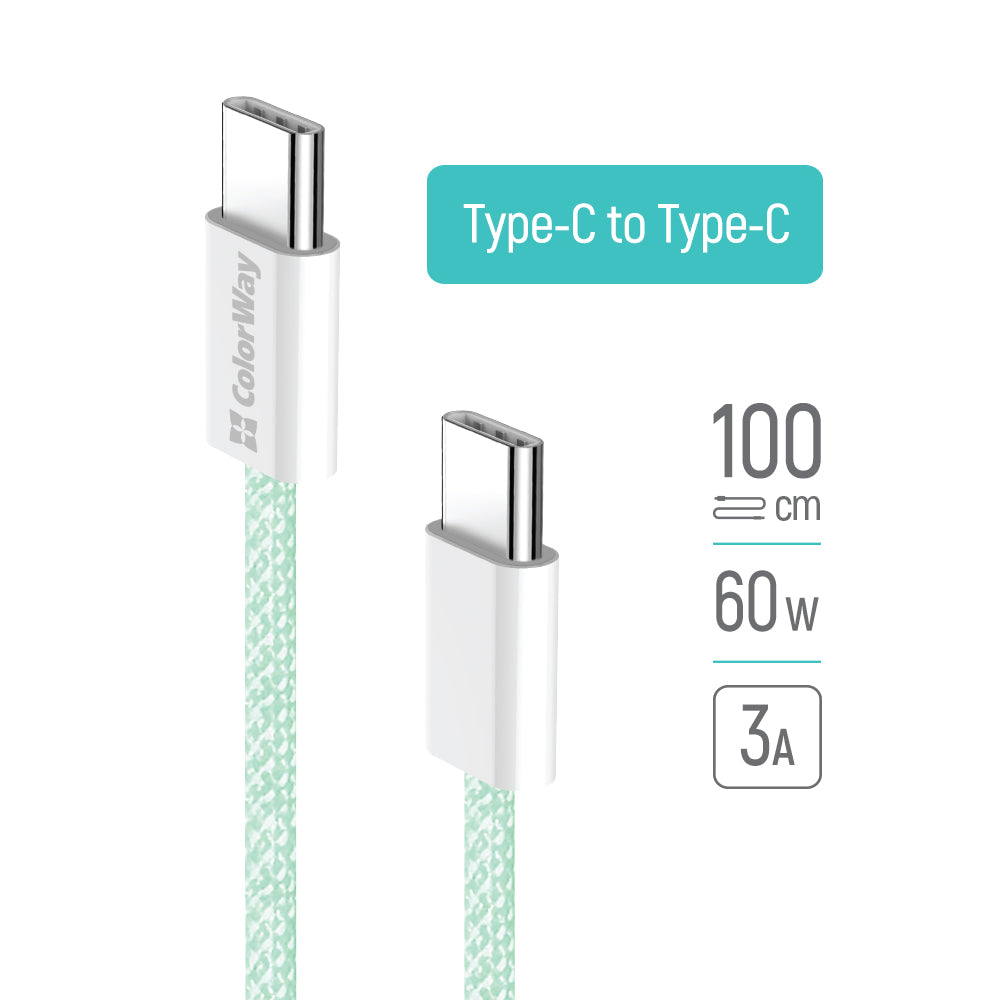 Data- en Oplaadkabel USB-C - USB-C ColorWay CW-CBPDCC061, 60W, 1m, Groen