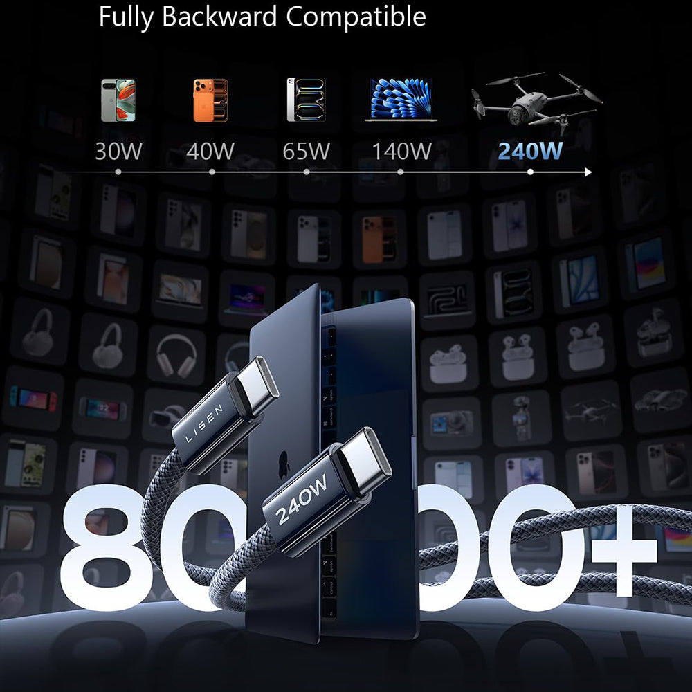 Data- en Oplaadkabel USB-C - USB-C Lisen, 240W, 2m, Set van 2 stuks, Marineblauw YL0123070023