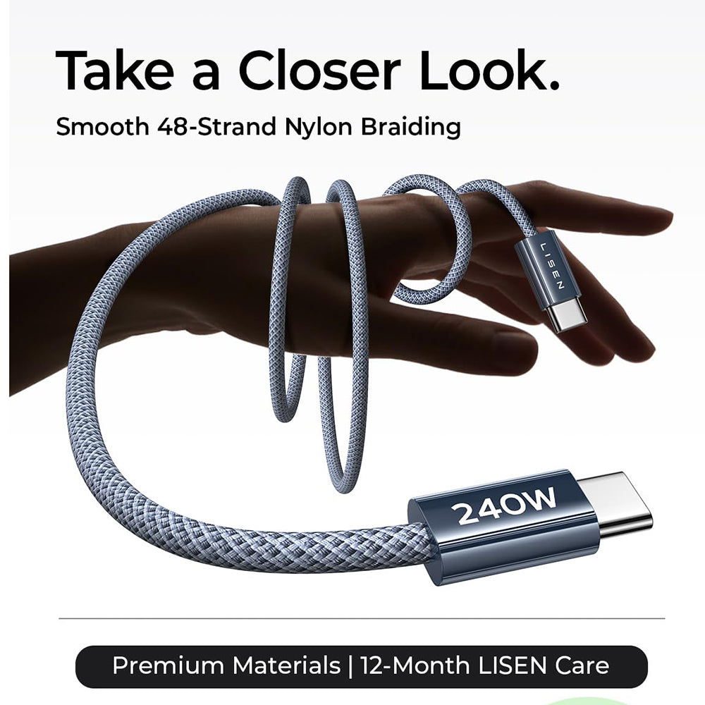 Data- en Oplaadkabel USB-C - USB-C Lisen, 240W, 2m, Set van 2 stuks, Marineblauw YL0123070023