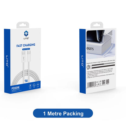 Data- en Oplaadkabel USB-C - USB-C Lito LD04CC, 60W, 1m, Wit
