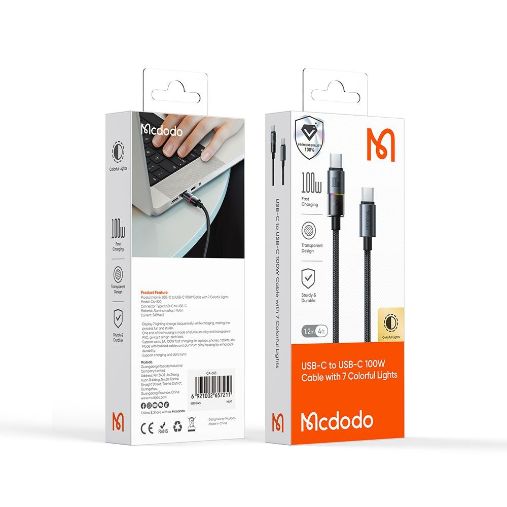 Data- en Oplaadkabel USB-C - USB-C McDodo CA-8200 Colorful, 100W, 1.2m, Zwart
