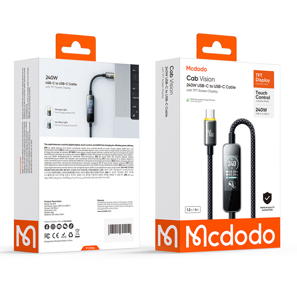 USB-C Data- en Oplaadkabel - USB-C McDodo CA-8750 Display, 240W, 1,2m, Zwart