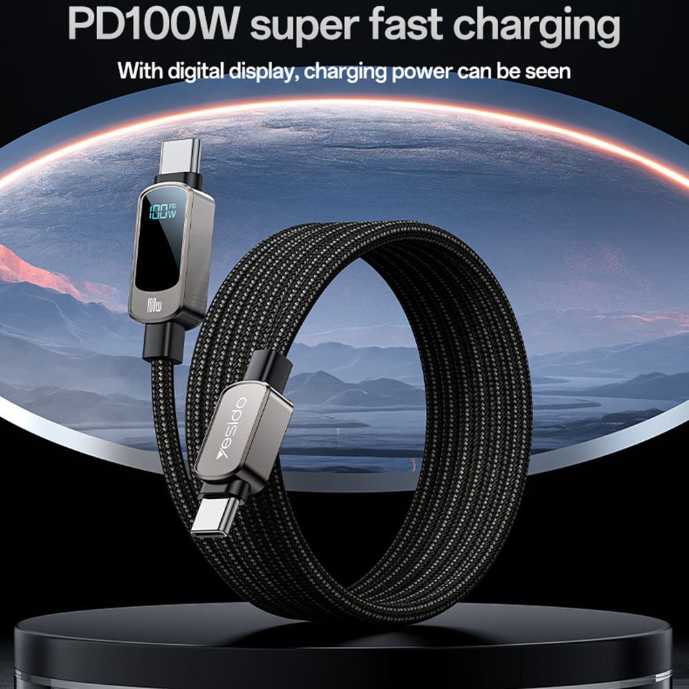 USB-C Data- en Oplaadkabel - USB-C Yesido CA179 Display, 100W, 1.2m, Zwart